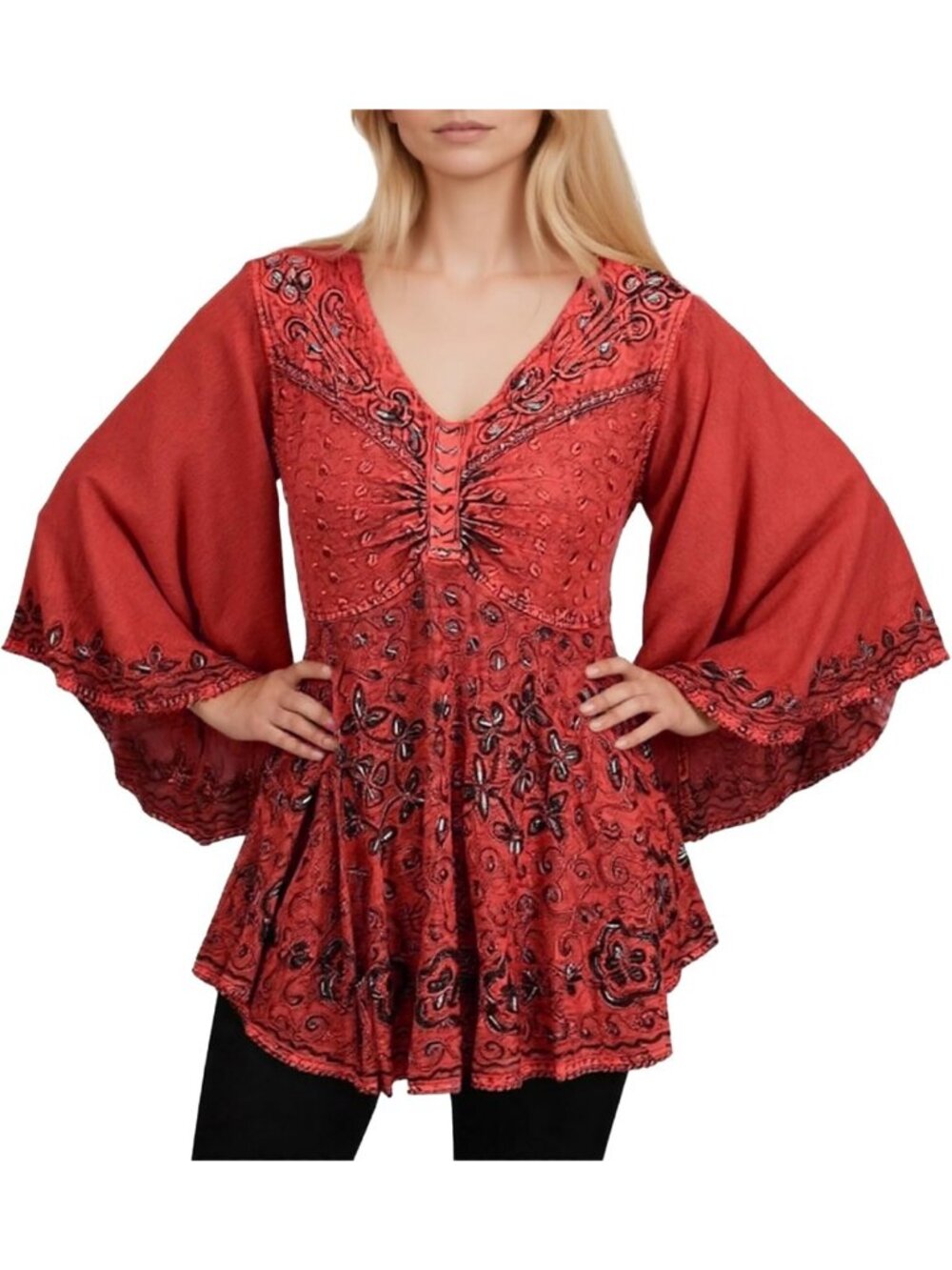 Boho V-Neck Summer Blouse - Women's Tunic with Bell Sleeves, Stylish & Comfy Top